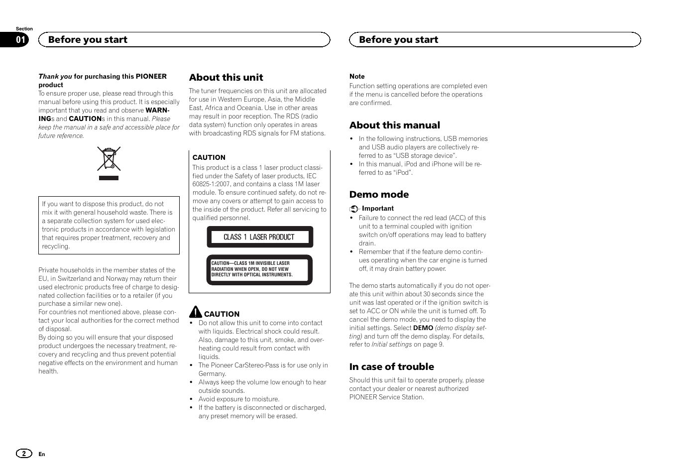 English, About this unit, About this manual | Demo mode, Before you start | Pioneer DEH-2400UB  EU User Manual | Page 2 / 132