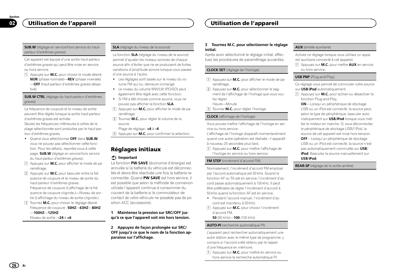 Rear-sp (réglage de la, Sortie arrière), Réglages initiaux | Utilisation de l ’appareil | Pioneer DEH-2400UB  EU User Manual | Page 26 / 132