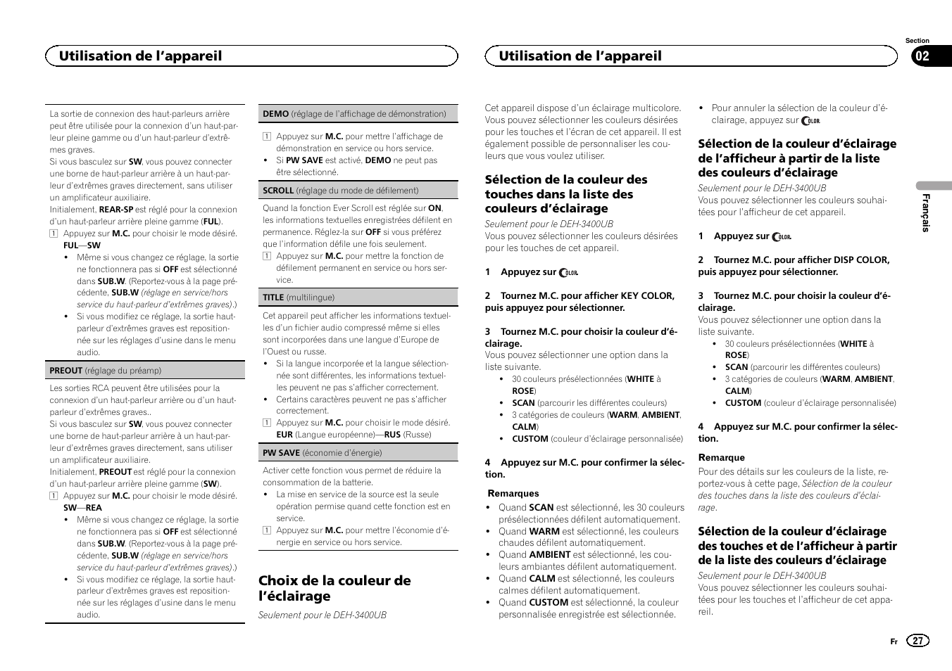 Demo (réglage de l, Fichage de démonstration), Choix de la couleur de l ’éclairage | Utilisation de l ’appareil | Pioneer DEH-2400UB  EU User Manual | Page 27 / 132
