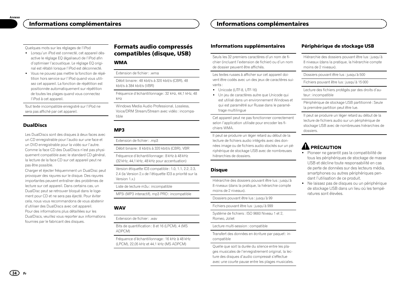 Formats audio compressés compatibles (disque, usb), Informations complémentaires | Pioneer DEH-2400UB  EU User Manual | Page 34 / 132