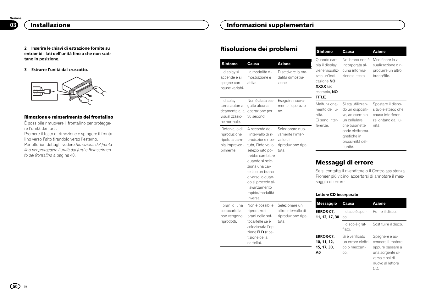Risoluzione dei problemi, Messaggi di errore, Installazione | Informazioni supplementari | Pioneer DEH-2400UB  EU User Manual | Page 50 / 132