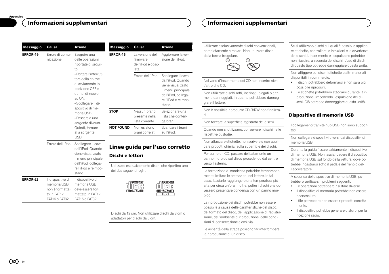 Linee guida per l ’uso corretto, Informazioni supplementari | Pioneer DEH-2400UB  EU User Manual | Page 52 / 132