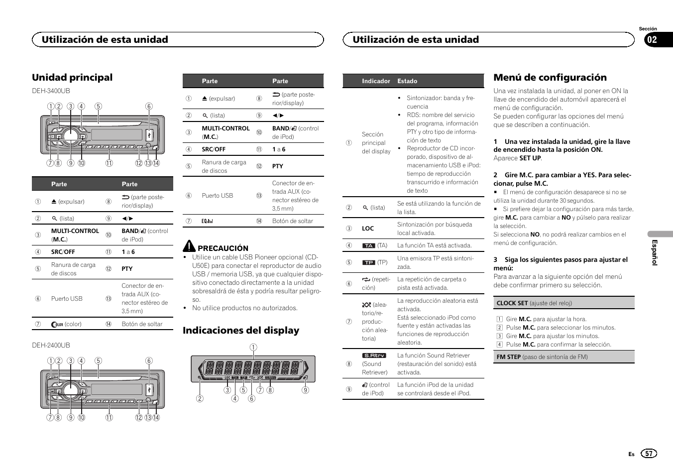 Unidad principal, Indicaciones del display, Menú de configuración | Utilización de esta unidad | Pioneer DEH-2400UB  EU User Manual | Page 57 / 132