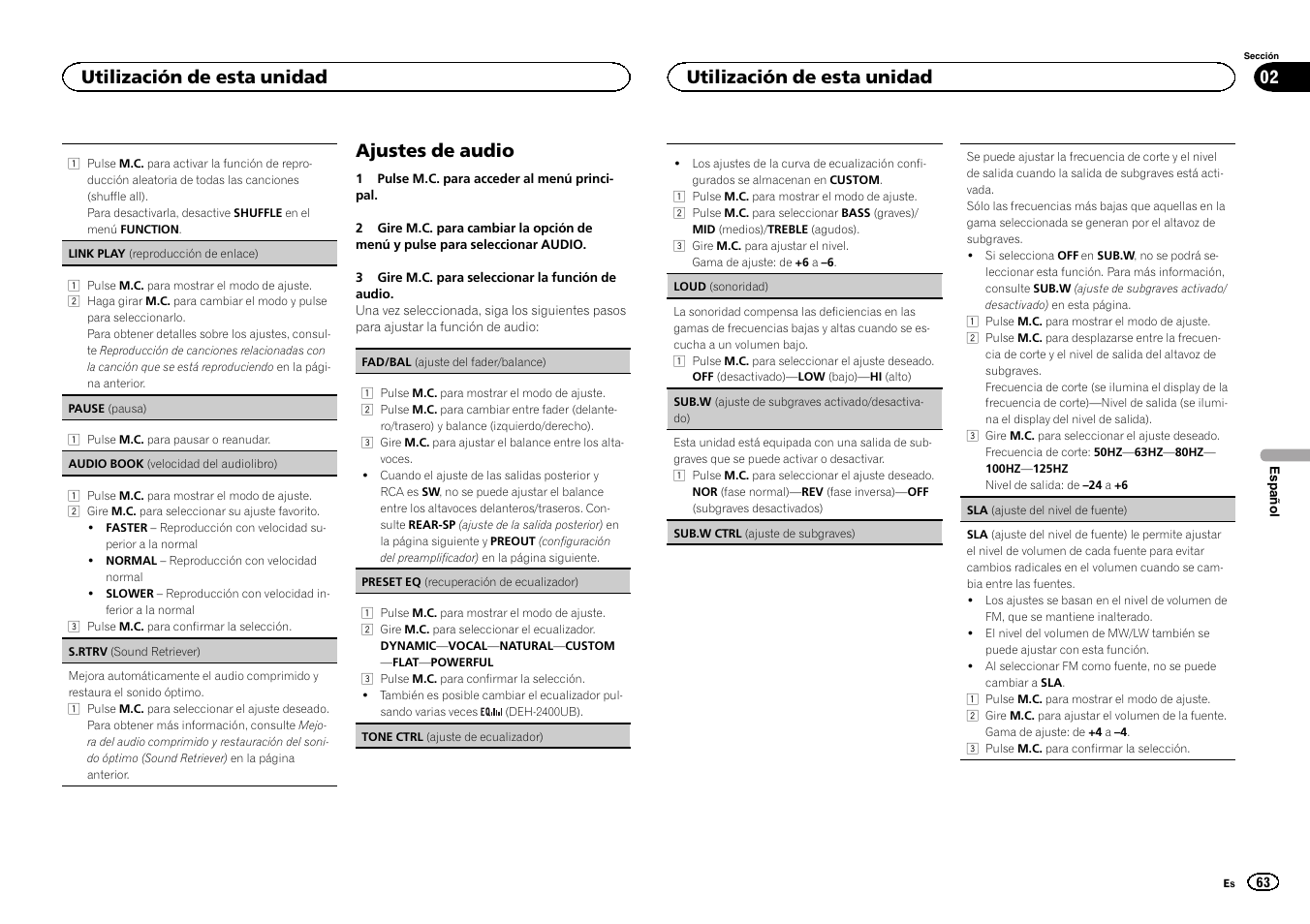 Ajustes de audio, Utilización de esta unidad | Pioneer DEH-2400UB  EU User Manual | Page 63 / 132