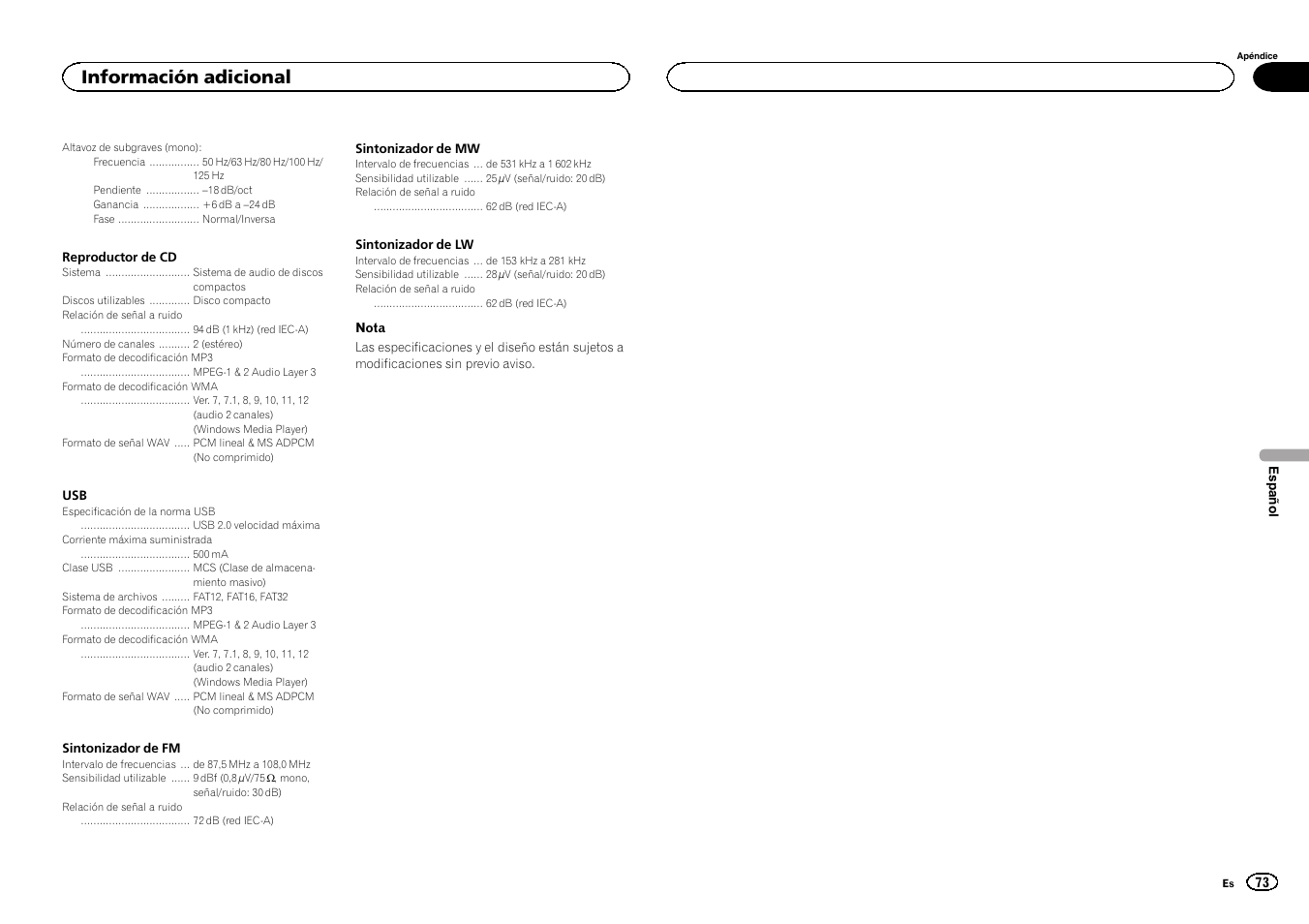 Información adicional | Pioneer DEH-2400UB  EU User Manual | Page 73 / 132