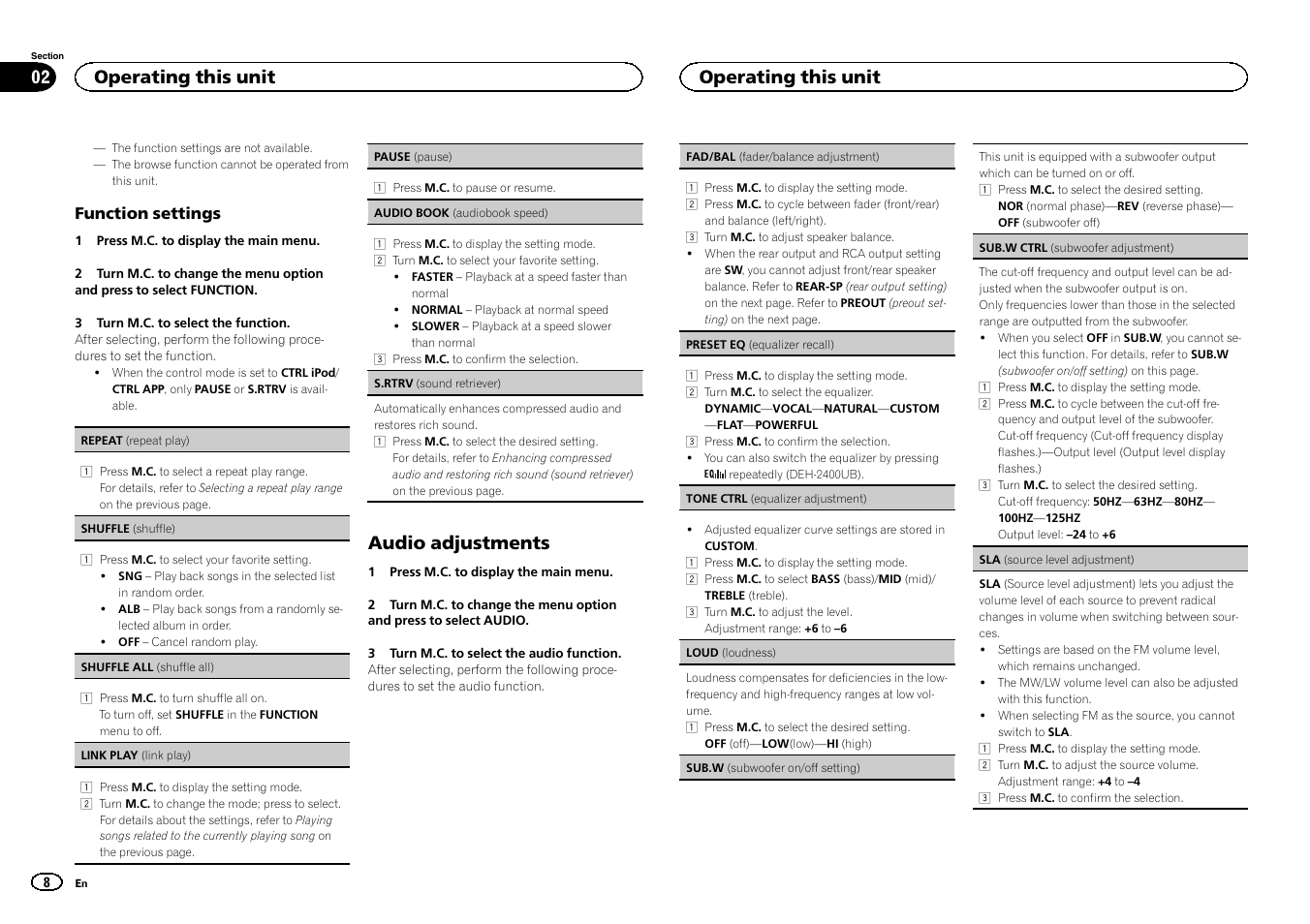 Audio adjustments, Operating this unit | Pioneer DEH-2400UB  EU User Manual | Page 8 / 132