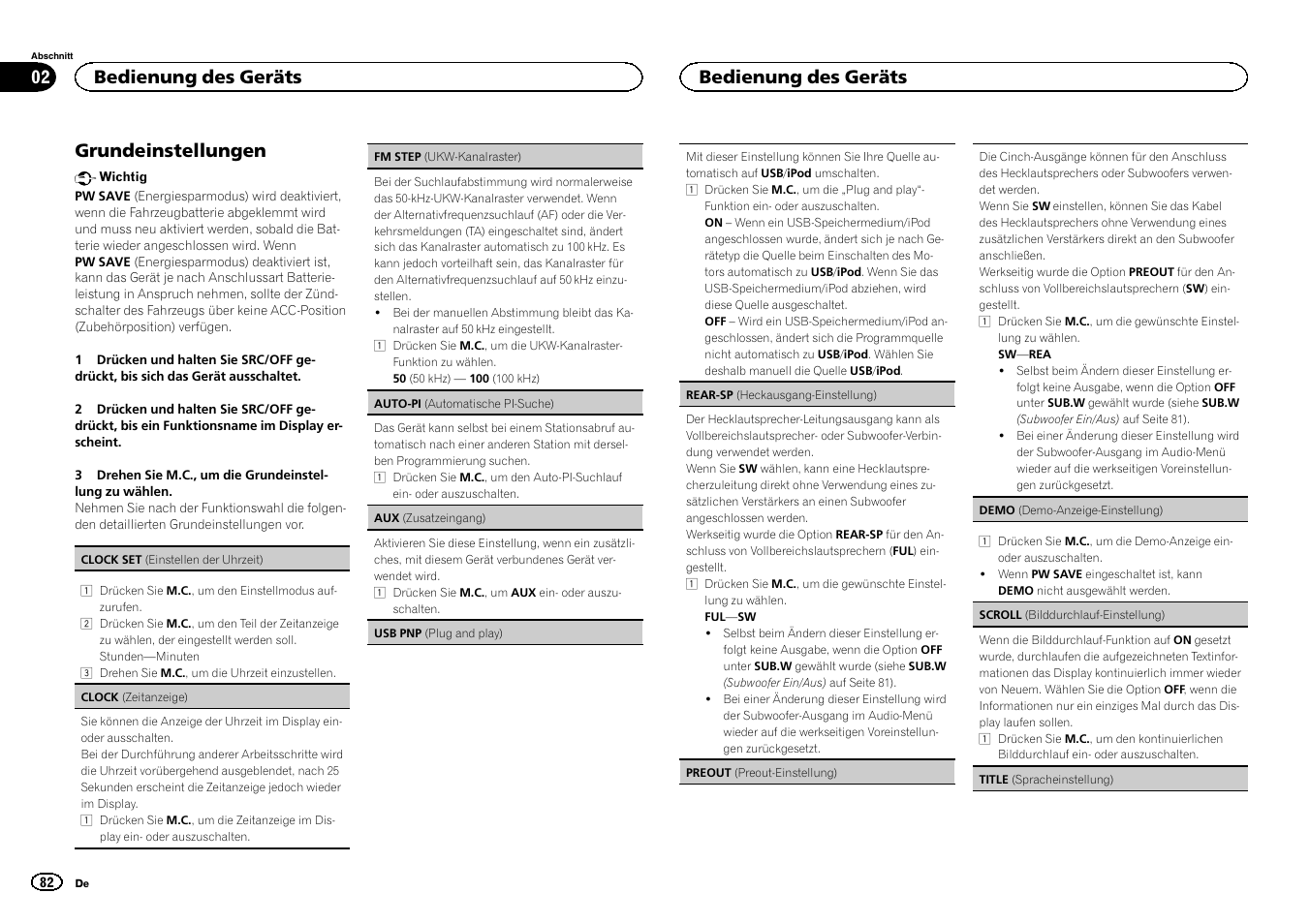 Rear-sp (heckausgang, Einstellung) auf seite 82, Preout | Preout-einstellung) auf seite 82, Grundeinstellungen, Bedienung des geräts | Pioneer DEH-2400UB  EU User Manual | Page 82 / 132