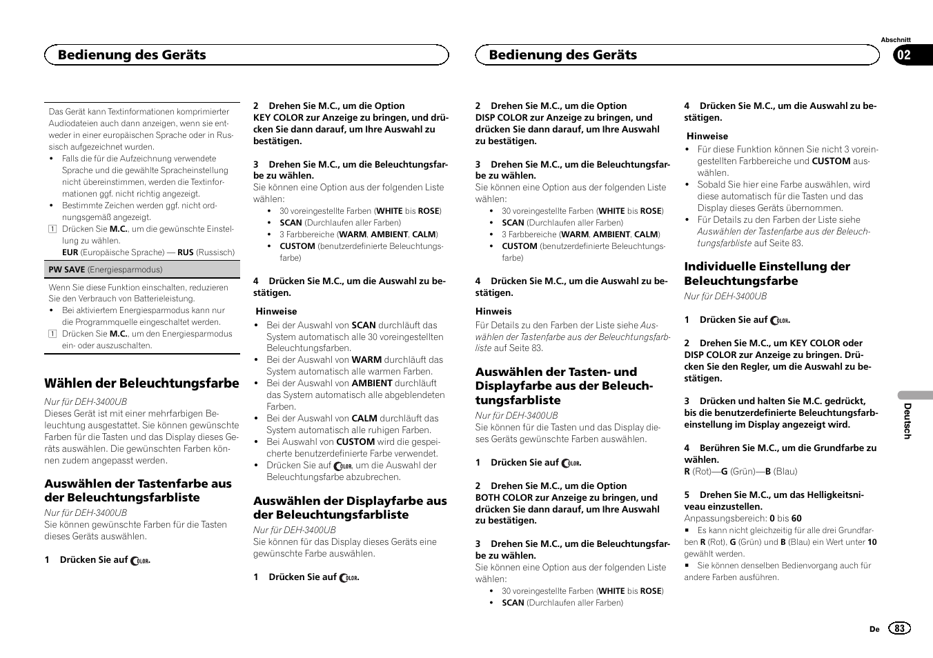 Wählen der beleuchtungsfarbe, Bedienung des geräts | Pioneer DEH-2400UB  EU User Manual | Page 83 / 132