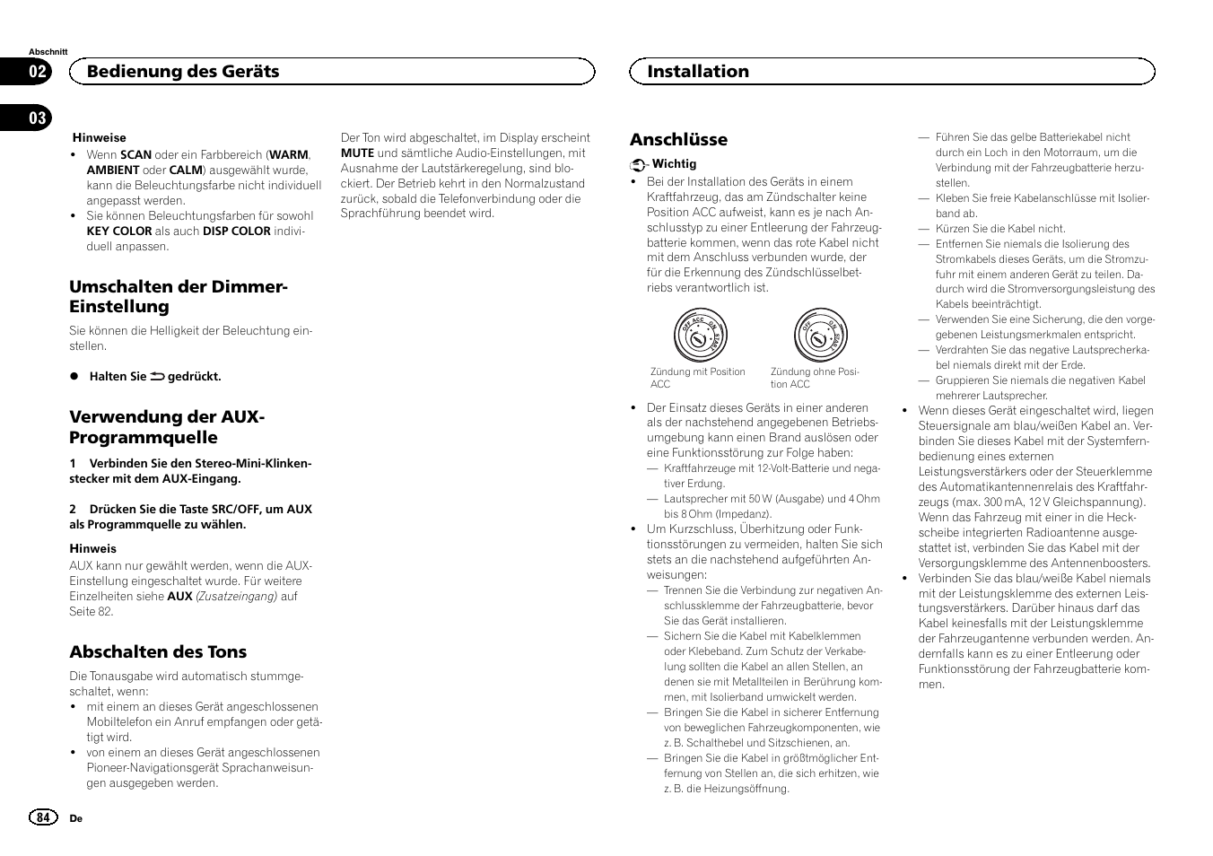 Umschalten der dimmer- einstellung, Verwendung der aux- programmquelle, Abschalten des tons | Anschlüsse, Bedienung des geräts, Installation | Pioneer DEH-2400UB  EU User Manual | Page 84 / 132