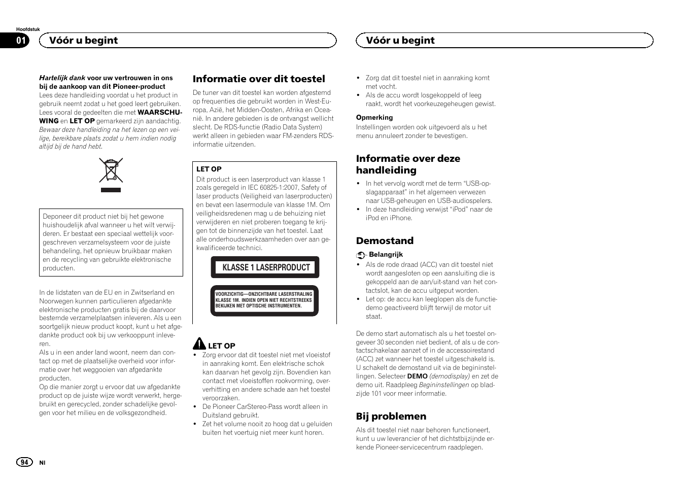 Nederlands, Informatie over dit toestel, Informatie over deze handleiding | Demostand, Bij problemen, Vóór u begint | Pioneer DEH-2400UB  EU User Manual | Page 94 / 132