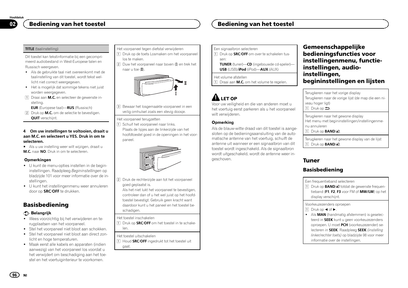 Basisbediening, Tuner, Bediening van het toestel | Pioneer DEH-2400UB  EU User Manual | Page 96 / 132