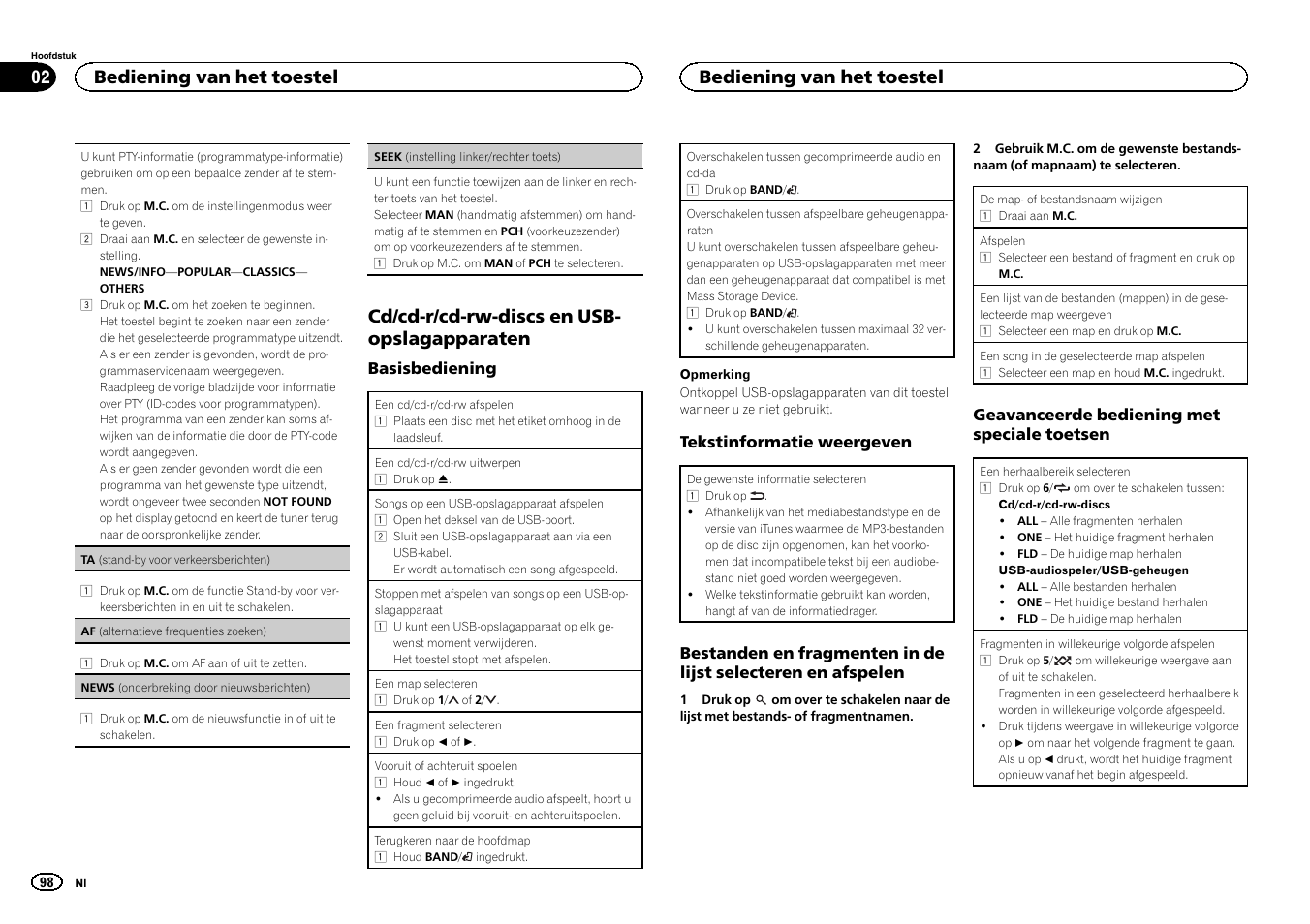 Seek (instelling linker, Rechter toets) op de volgende bladzijde, Af (alternatieve frequenties zoe | Ken) op de volgende bladzijde), Cd/cd-r/cd-rw-discs en usb- opslagapparaten, Bediening van het toestel | Pioneer DEH-2400UB  EU User Manual | Page 98 / 132