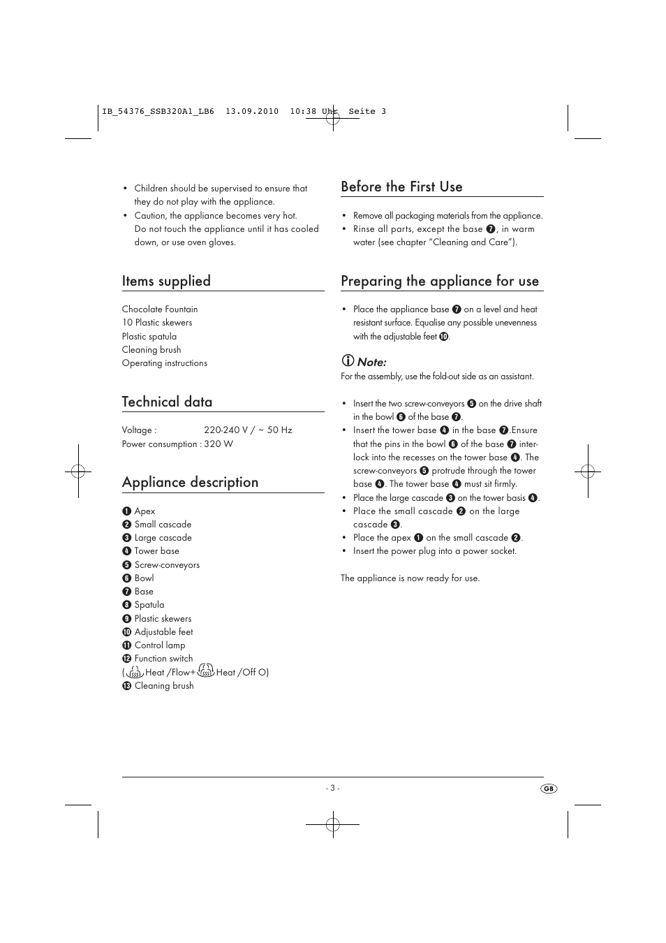 Items supplied, Technical data, Appliance description | Before the first use, Preparing the appliance for use | Kompernass SSB320A1 User Manual | Page 5 / 8