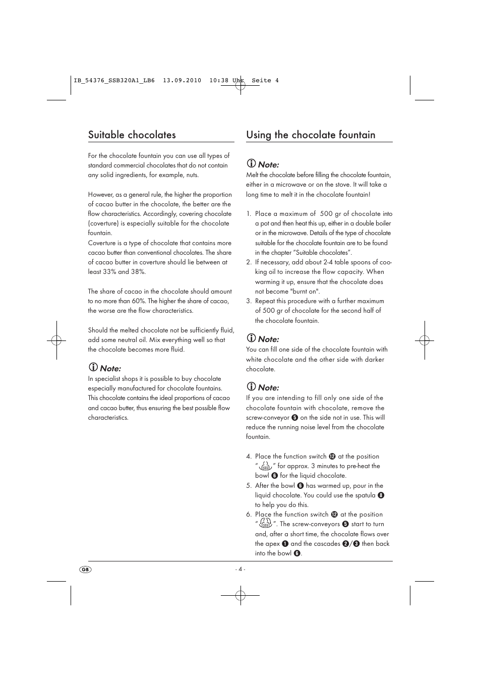 Suitable chocolates, Using the chocolate fountain | Kompernass SSB320A1 User Manual | Page 6 / 8