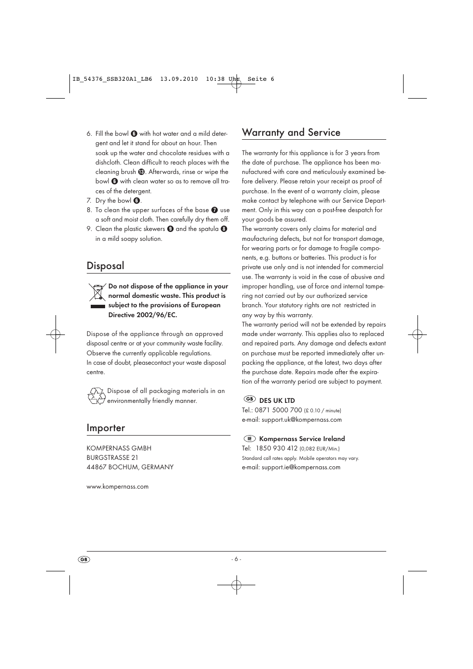 Disposal, Importer, Warranty and service | Kompernass SSB320A1 User Manual | Page 8 / 8