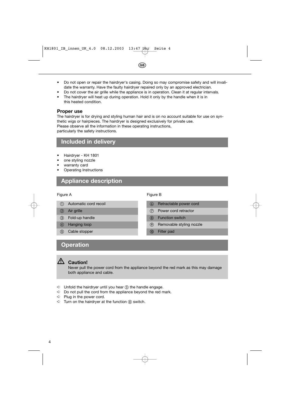 Included in delivery appliance description, Operation | Kompernass KH 1801 User Manual | Page 4 / 7