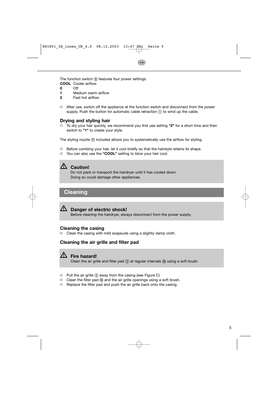 Cleaning | Kompernass KH 1801 User Manual | Page 5 / 7