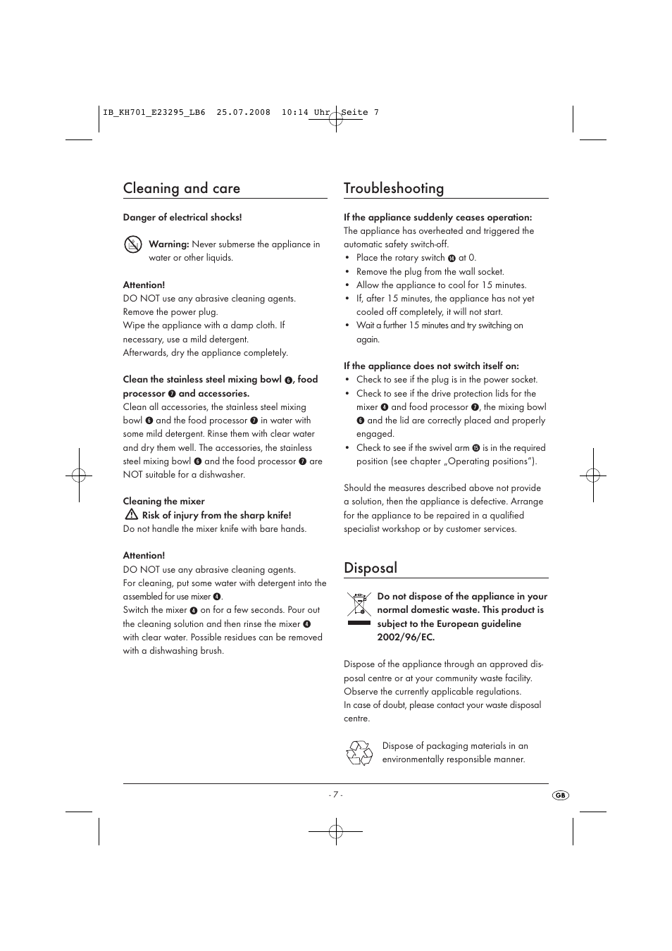 Cleaning and care, Troubleshooting, Disposal | Kompernass KH701-07/08-V1 User Manual | Page 9 / 11
