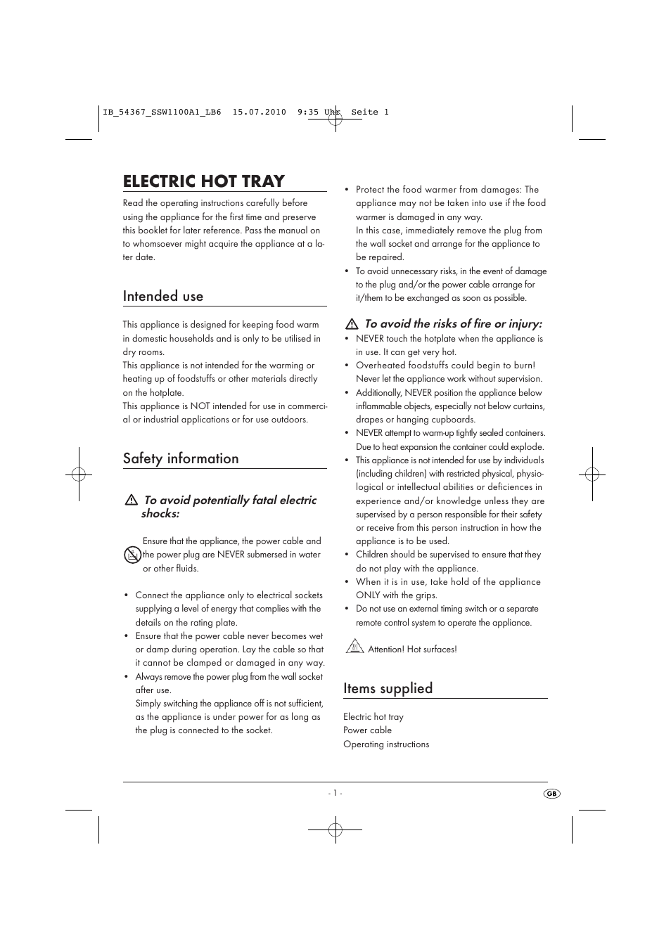 Electric hot tray, Intended use, Safety information | Items supplied | Kompernass SILVERCREST D-44867 User Manual | Page 3 / 6