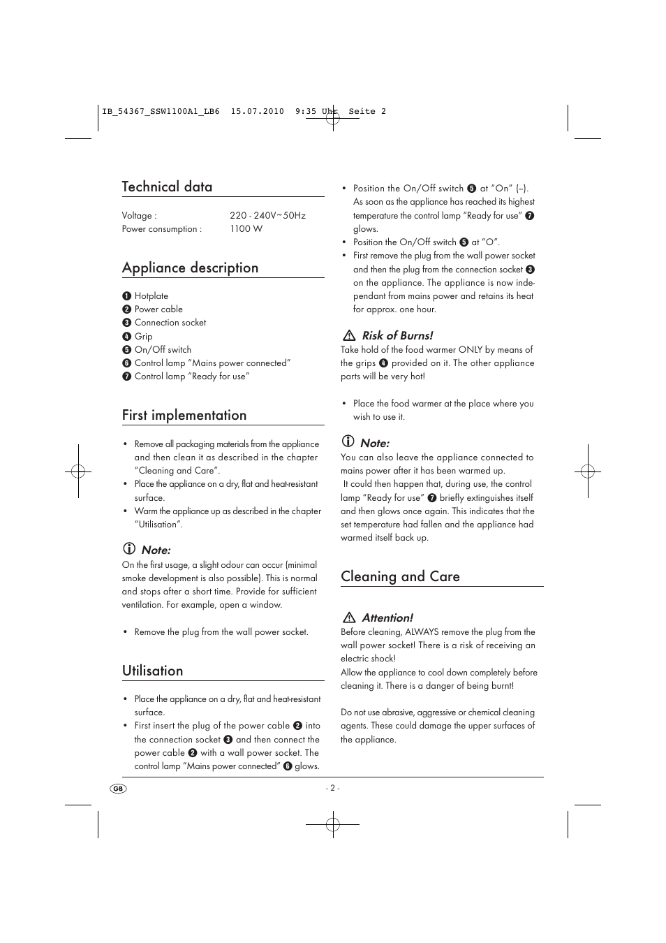 Technical data, Appliance description, First implementation | Utilisation, Cleaning and care | Kompernass SILVERCREST D-44867 User Manual | Page 4 / 6