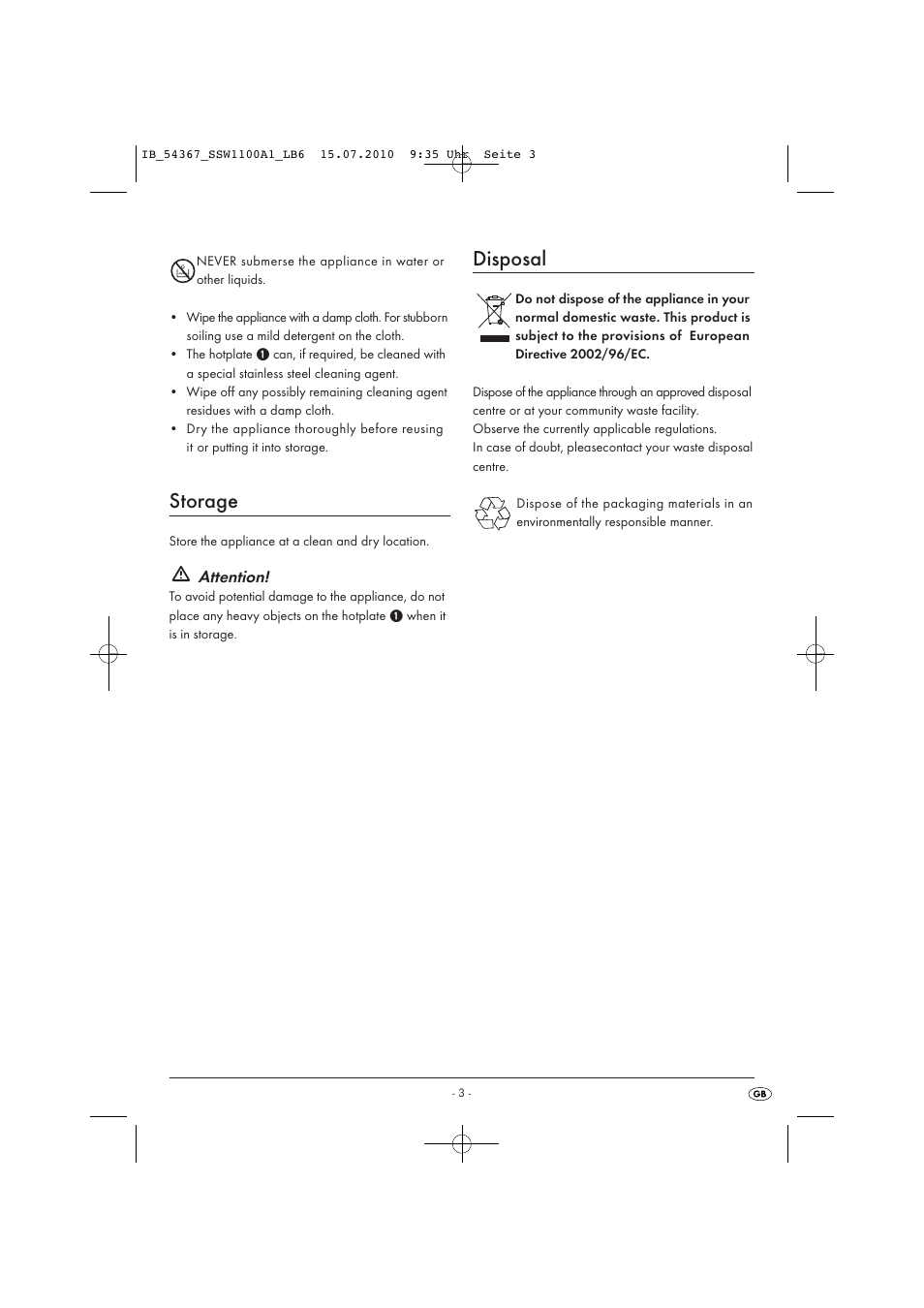 Storage, Disposal | Kompernass SILVERCREST D-44867 User Manual | Page 5 / 6