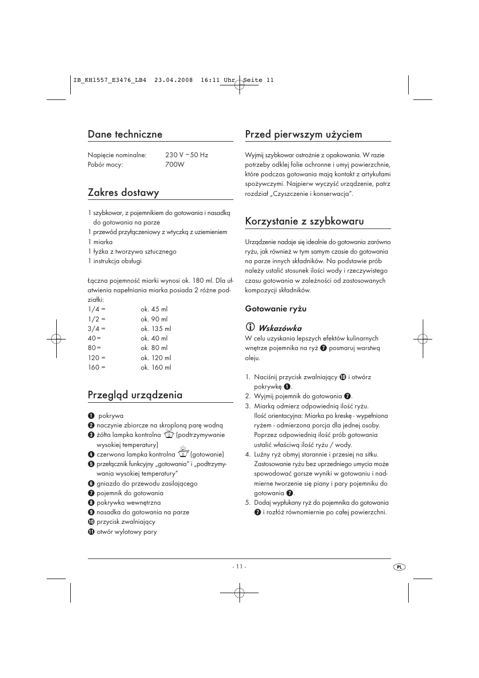 Dane techniczne, Zakres dostawy, Przegląd urządzenia | Przed pierwszym użyciem, Korzystanie z szybkowaru | Kompernass KH 1557 User Manual | Page 13 / 65