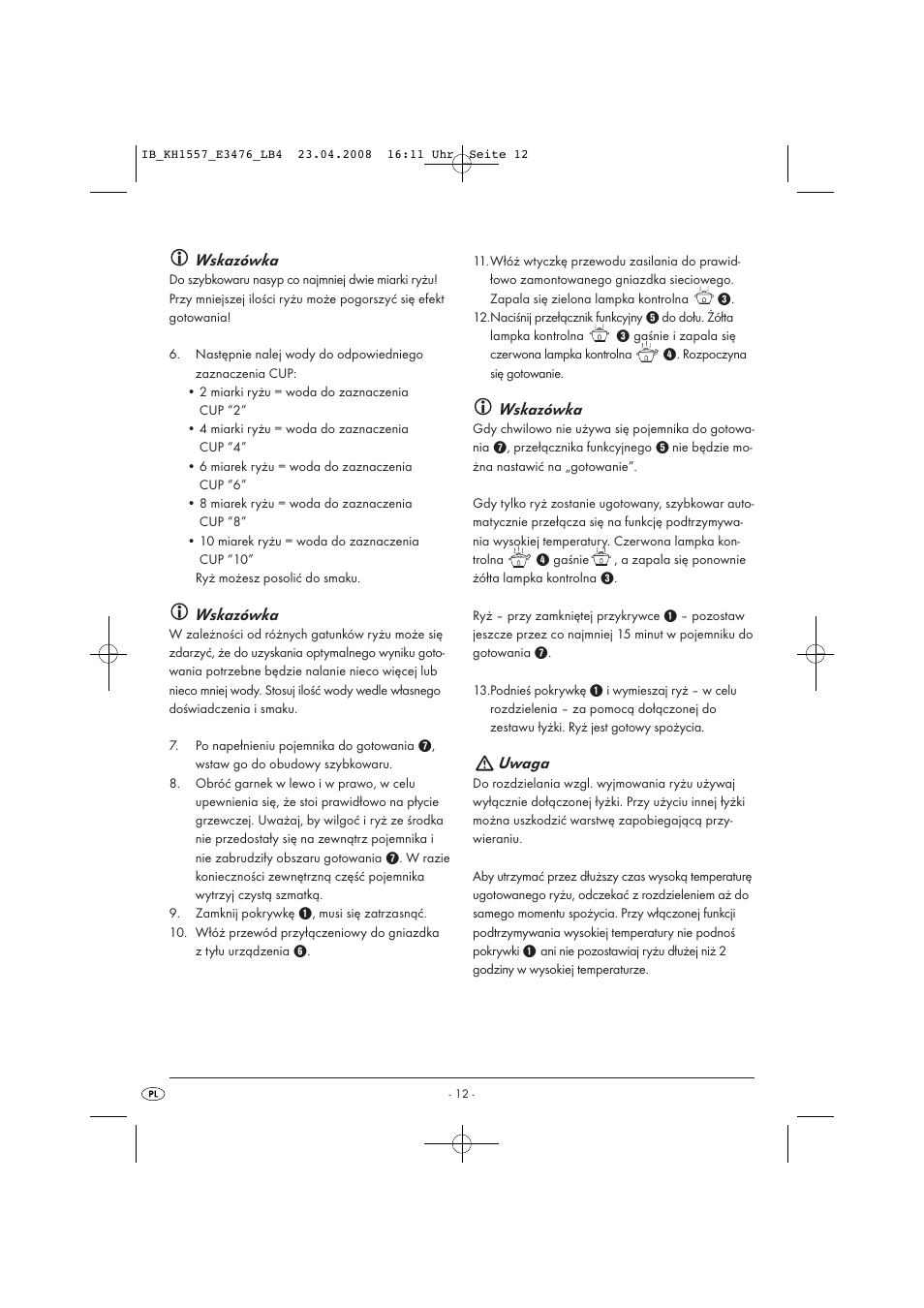 Wskazówka, Uwaga | Kompernass KH 1557 User Manual | Page 14 / 65