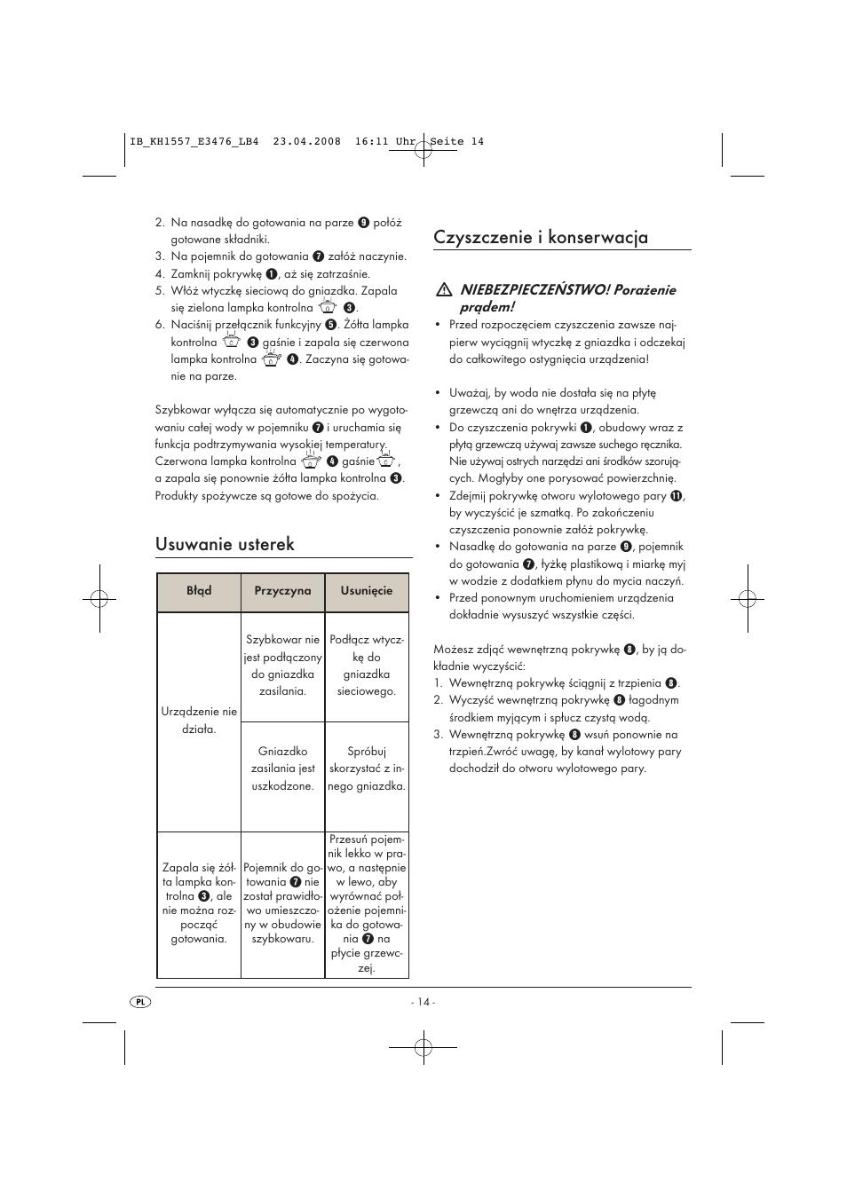 Usuwanie usterek, Czyszczenie i konserwacja, Niebezpieczeństwo! porażenie prądem | Kompernass KH 1557 User Manual | Page 16 / 65