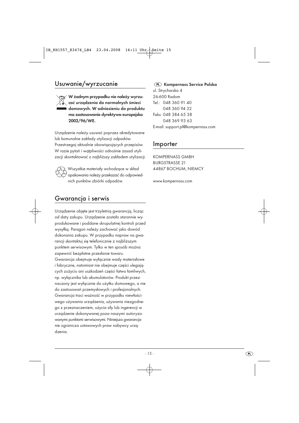 Usuwanie/wyrzucanie, Gwarancja i serwis, Importer | Kompernass KH 1557 User Manual | Page 17 / 65