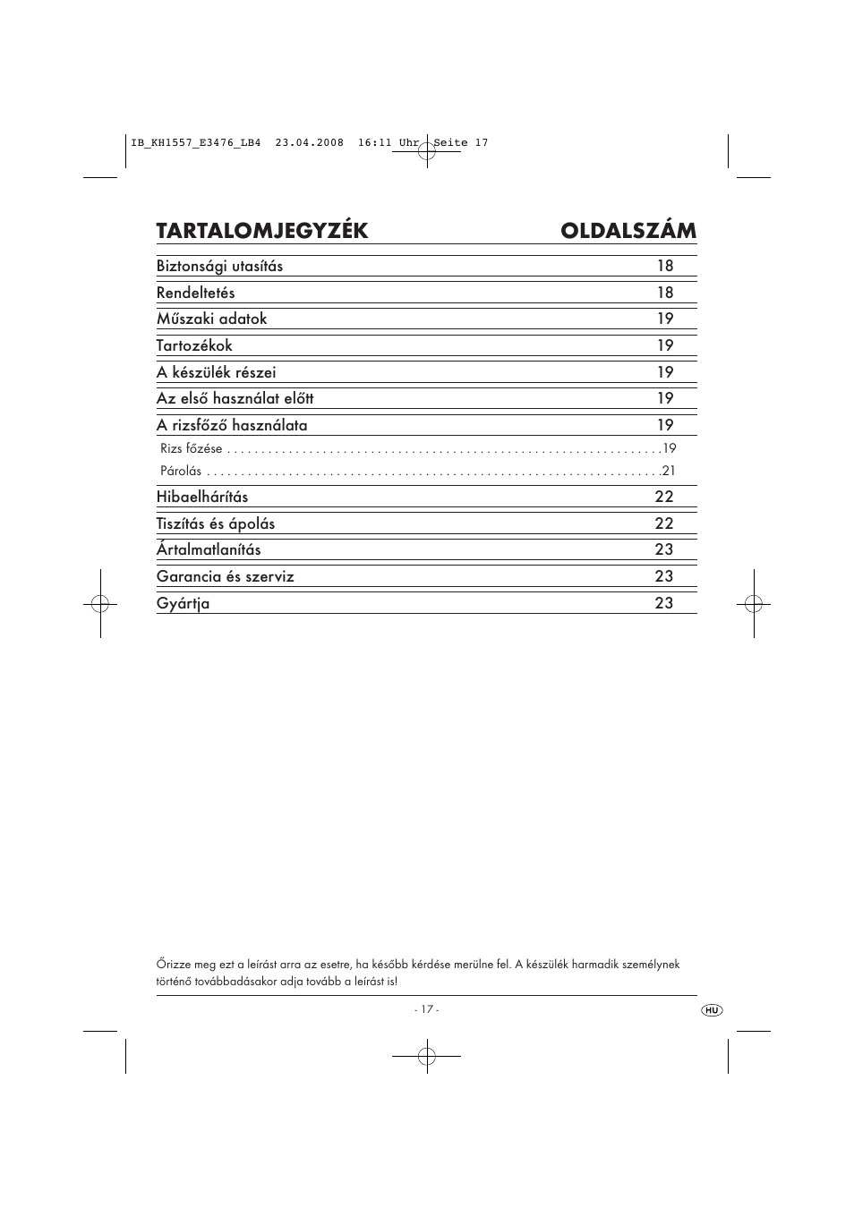 Tartalomjegyzék oldalszám | Kompernass KH 1557 User Manual | Page 19 / 65