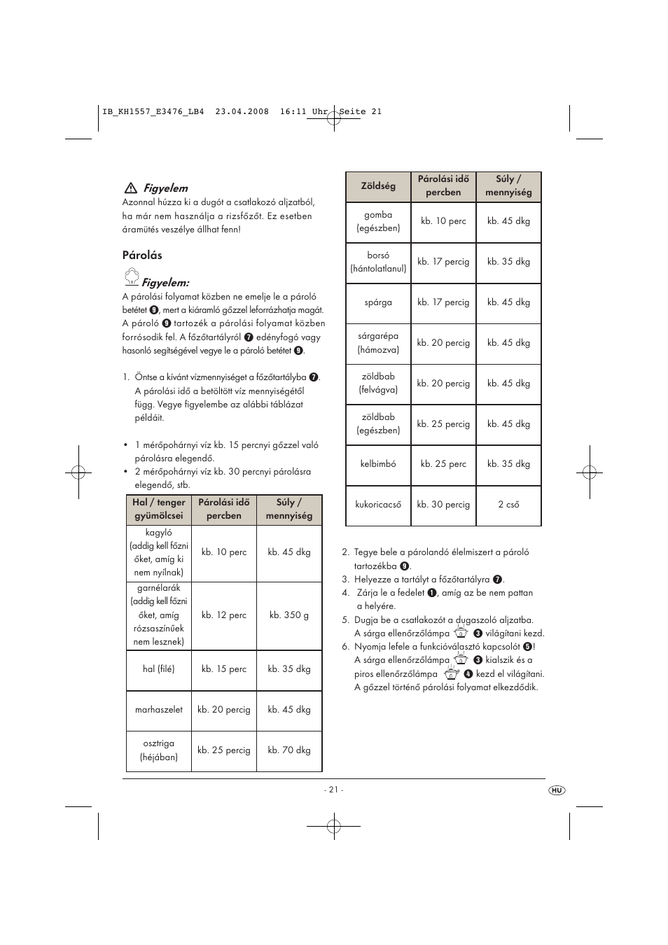 Figyelem | Kompernass KH 1557 User Manual | Page 23 / 65