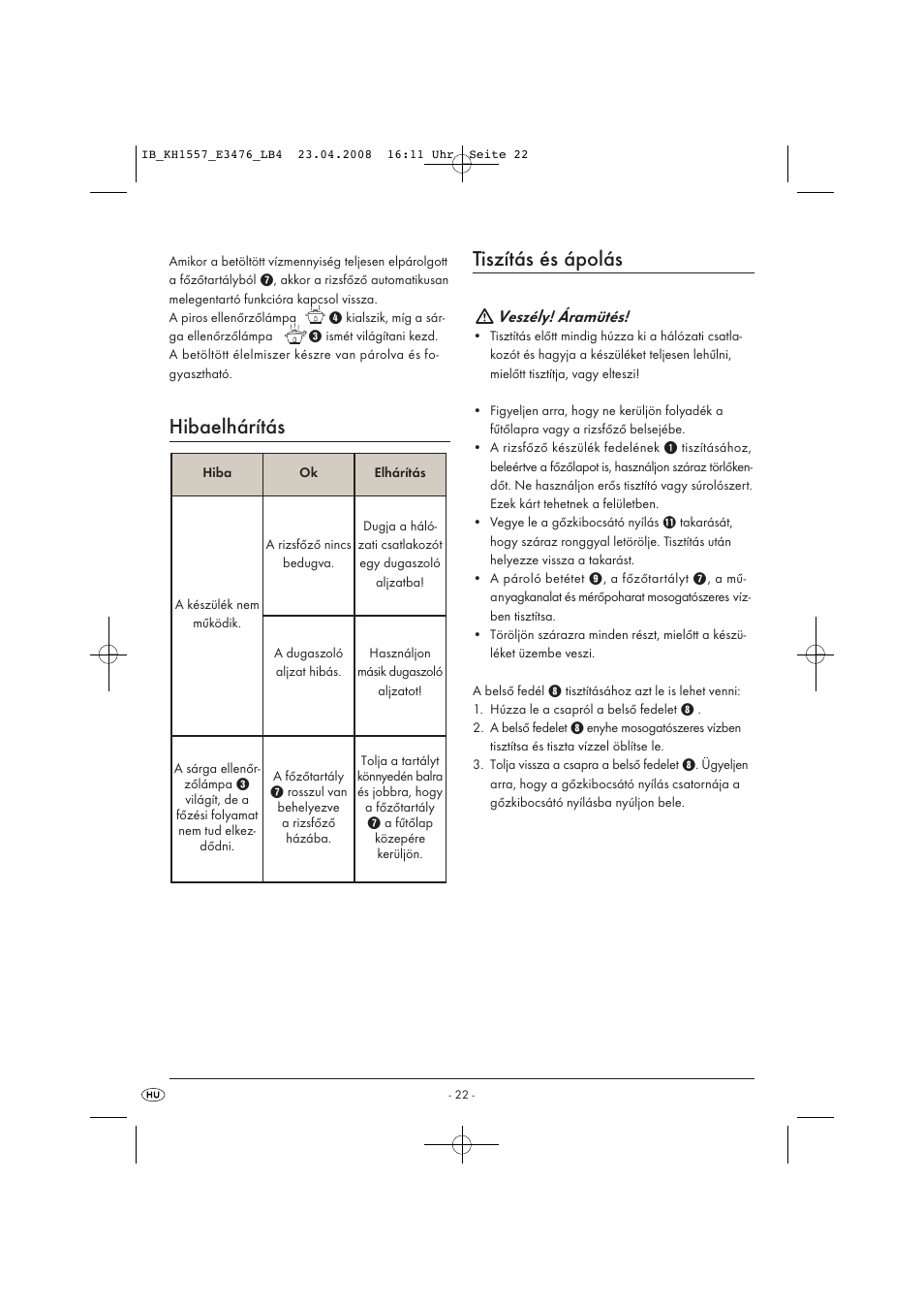 Hibaelhárítás, Tiszítás és ápolás, Veszély! áramütés | Kompernass KH 1557 User Manual | Page 24 / 65
