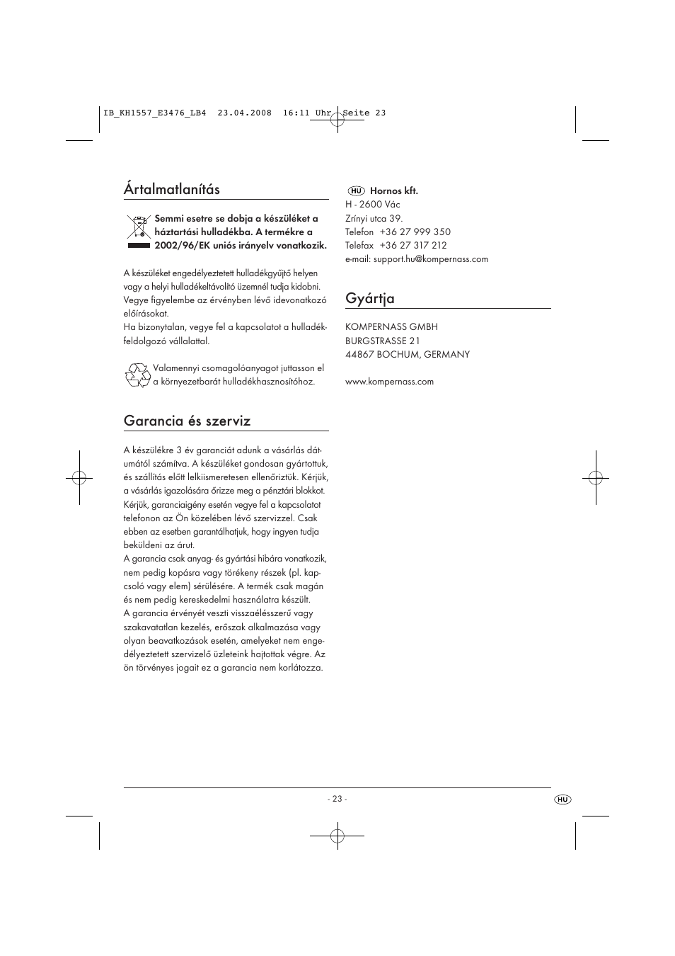 Ártalmatlanítás, Garancia és szerviz, Gyártja | Kompernass KH 1557 User Manual | Page 25 / 65