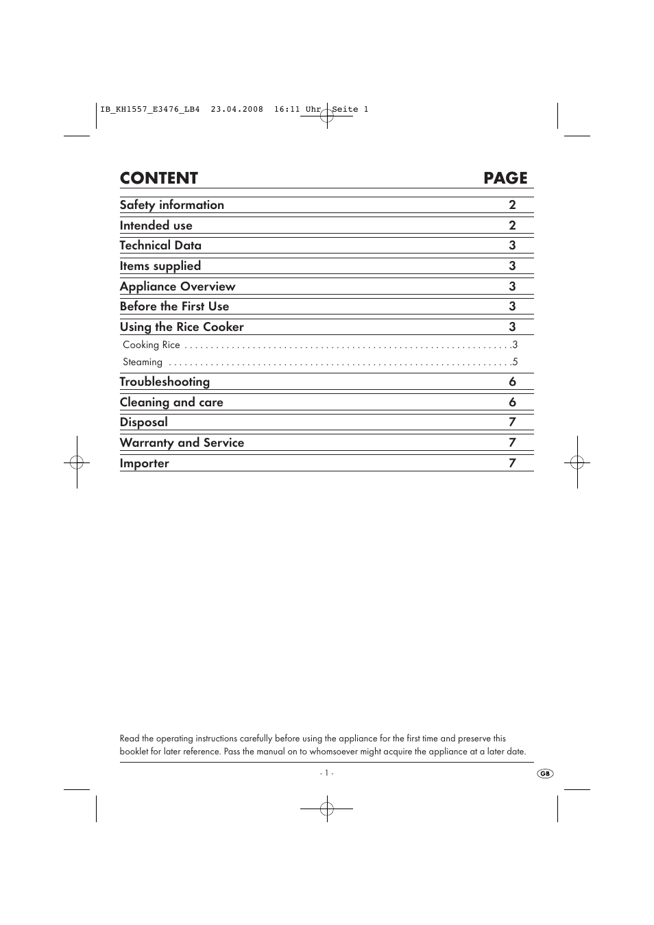 Content page | Kompernass KH 1557 User Manual | Page 3 / 65