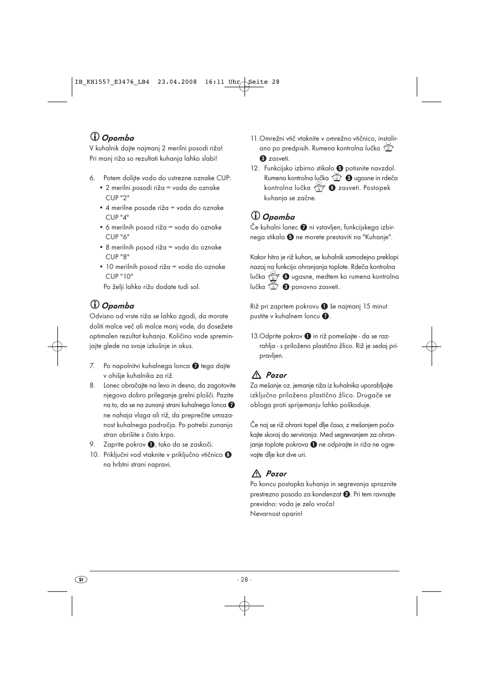 Opomba, Pozor | Kompernass KH 1557 User Manual | Page 30 / 65