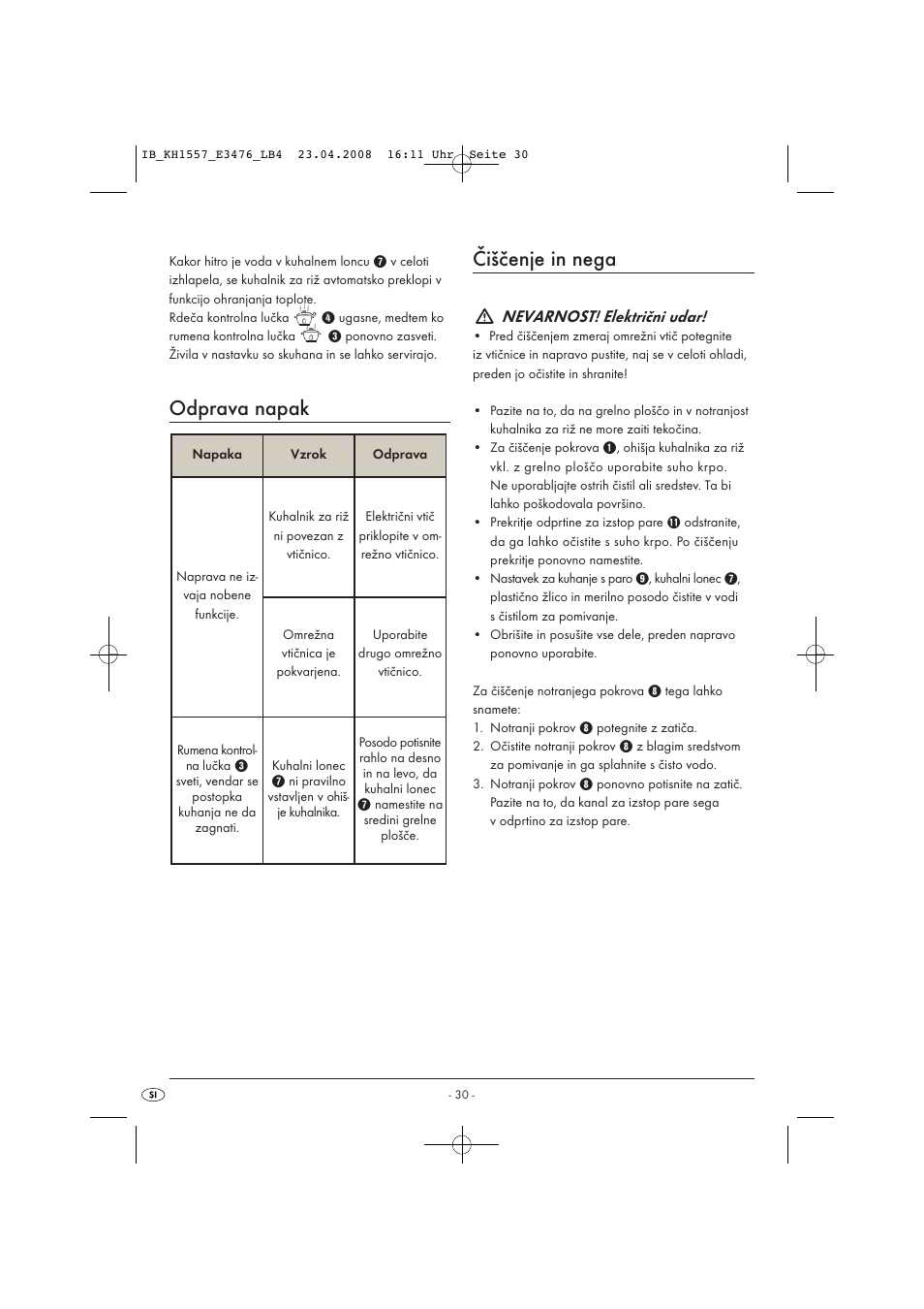 Odprava napak, Čiščenje in nega, Nevarnost! električni udar | Kompernass KH 1557 User Manual | Page 32 / 65
