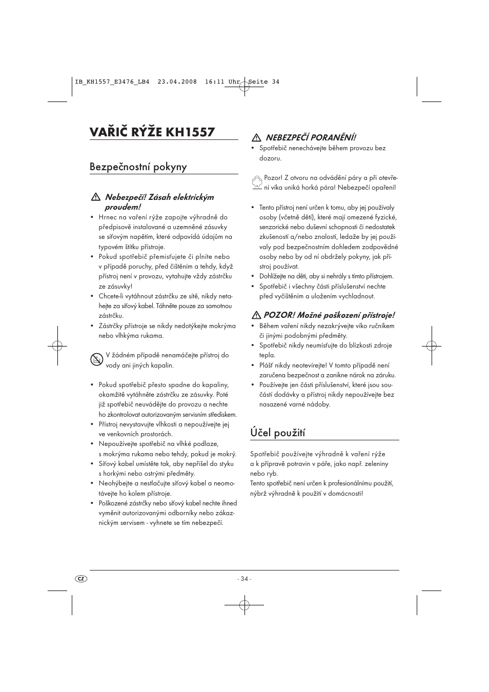 Vařič rýže kh1557, Bezpečnostní pokyny, Účel použití | Kompernass KH 1557 User Manual | Page 36 / 65