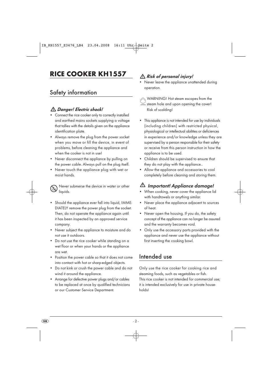 Rice cooker kh1557, Safety information, Intended use | Kompernass KH 1557 User Manual | Page 4 / 65