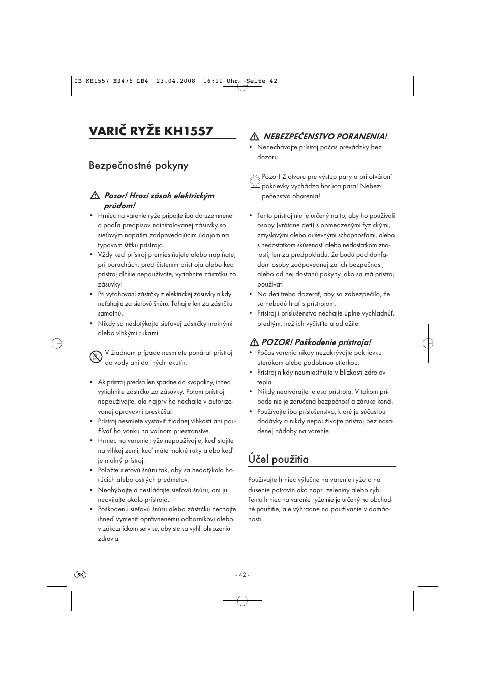 Varič ryže kh1557, Bezpečnostné pokyny, Účel použitia | Kompernass KH 1557 User Manual | Page 44 / 65