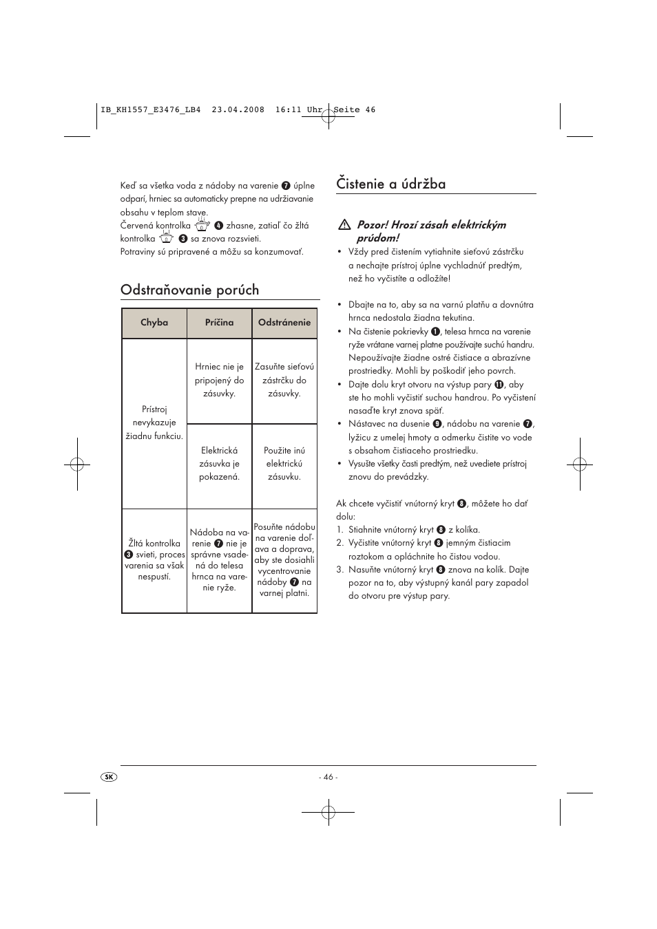 Odstraňovanie porúch, Čistenie a údržba, Pozor! hrozí zásah elektrickým prúdom | Kompernass KH 1557 User Manual | Page 48 / 65