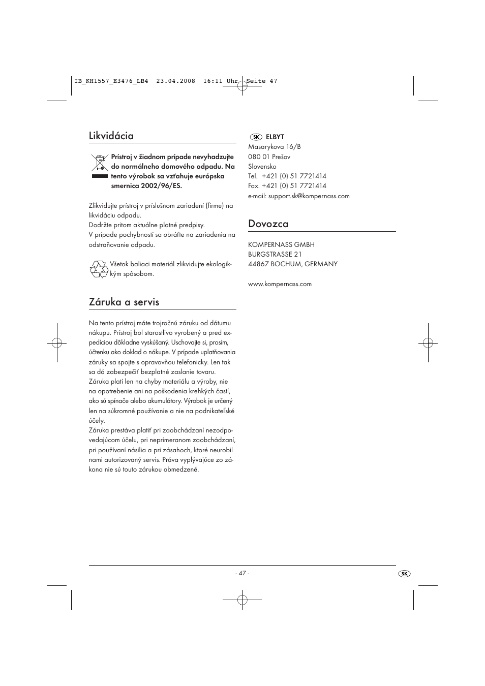 Likvidácia, Záruka a servis, Dovozca | Kompernass KH 1557 User Manual | Page 49 / 65