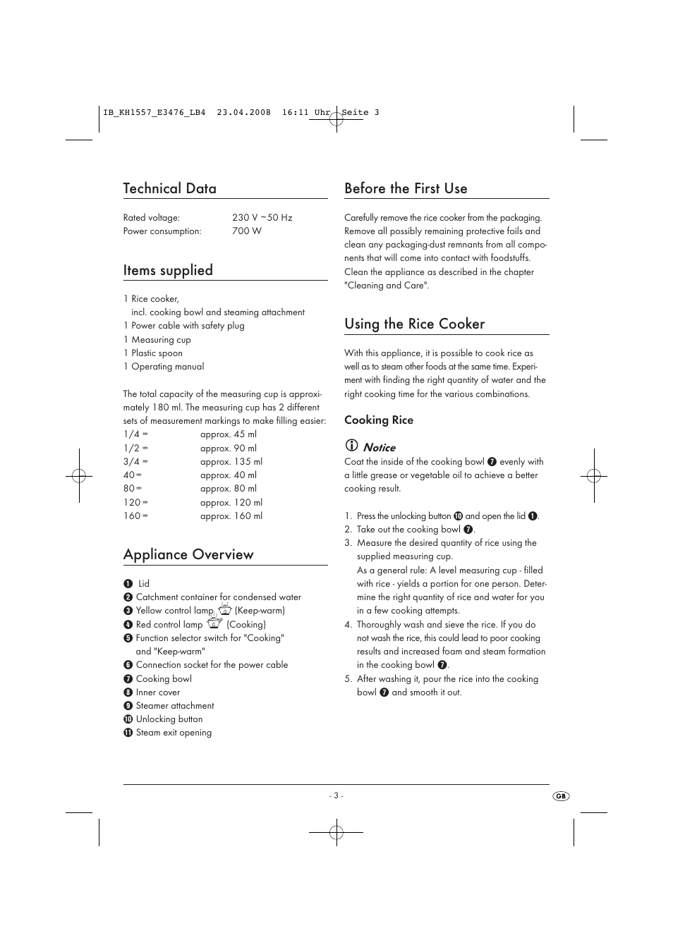 Technical data, Items supplied, Appliance overview | Before the first use, Using the rice cooker | Kompernass KH 1557 User Manual | Page 5 / 65