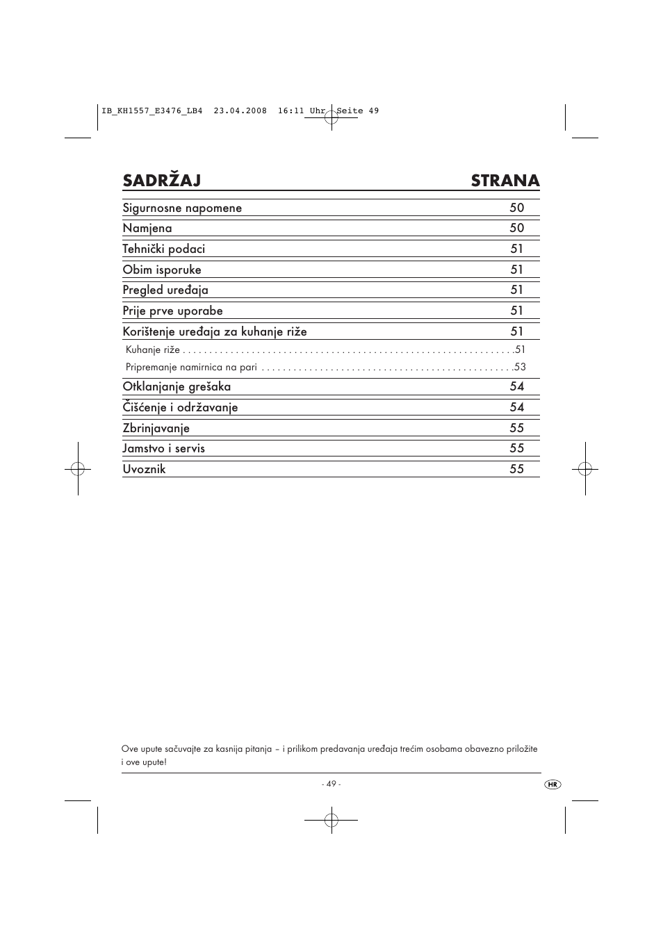 Sadržaj strana | Kompernass KH 1557 User Manual | Page 51 / 65