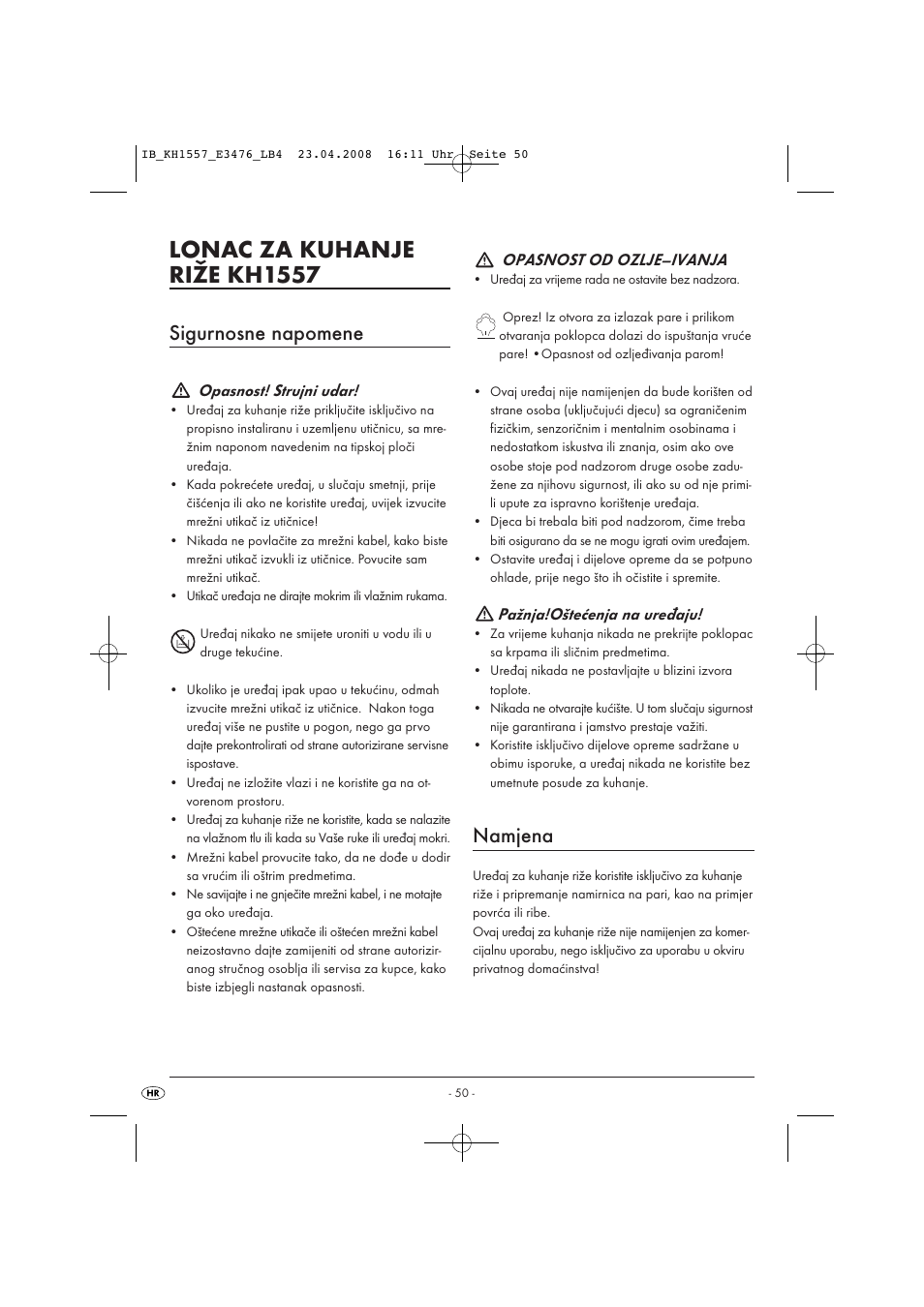 Lonac za kuhanje riže kh1557, Sigurnosne napomene, Namjena | Kompernass KH 1557 User Manual | Page 52 / 65