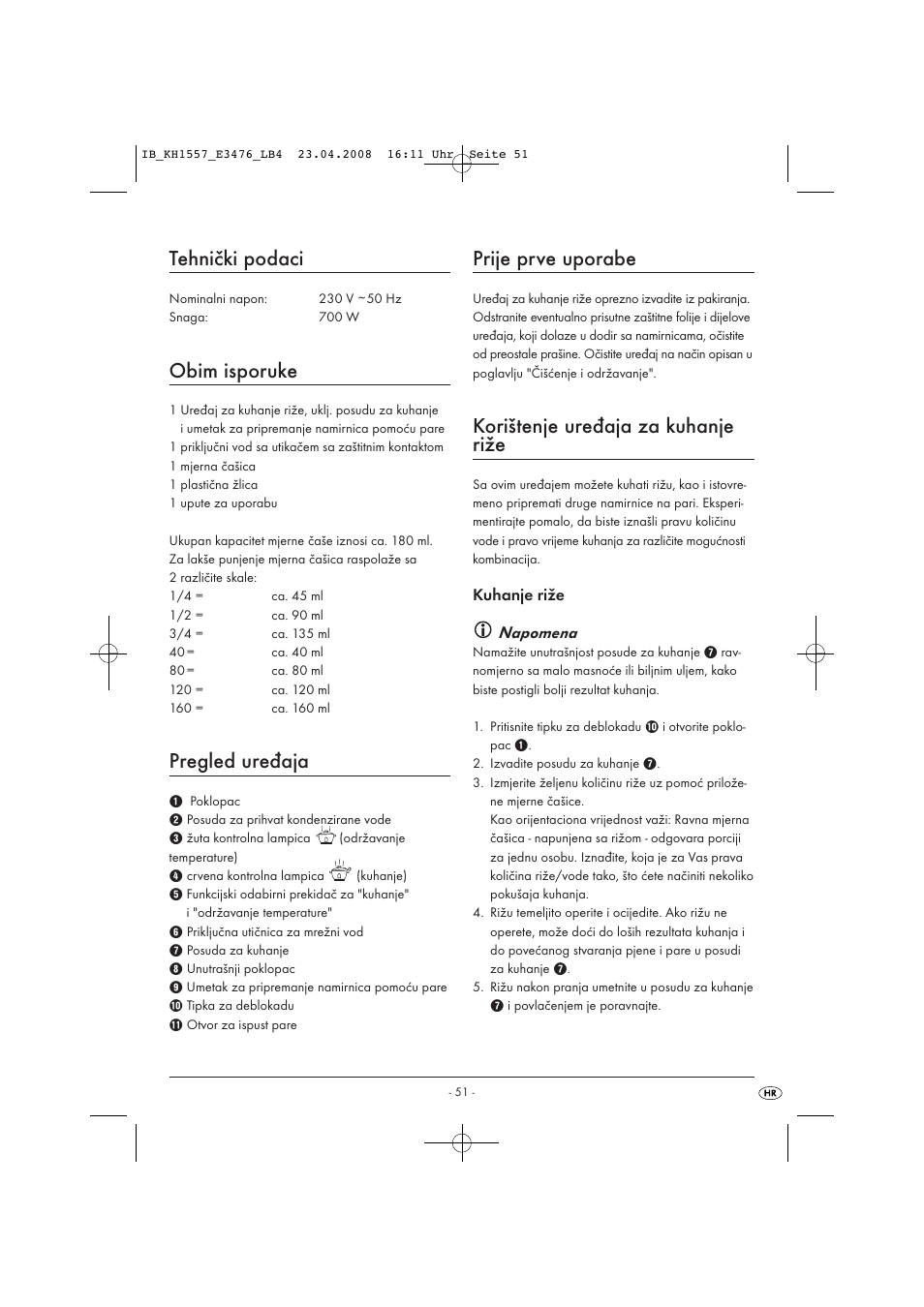 Tehnički podaci, Obim isporuke, Pregled uređaja | Prije prve uporabe, Korištenje uređaja za kuhanje riže | Kompernass KH 1557 User Manual | Page 53 / 65