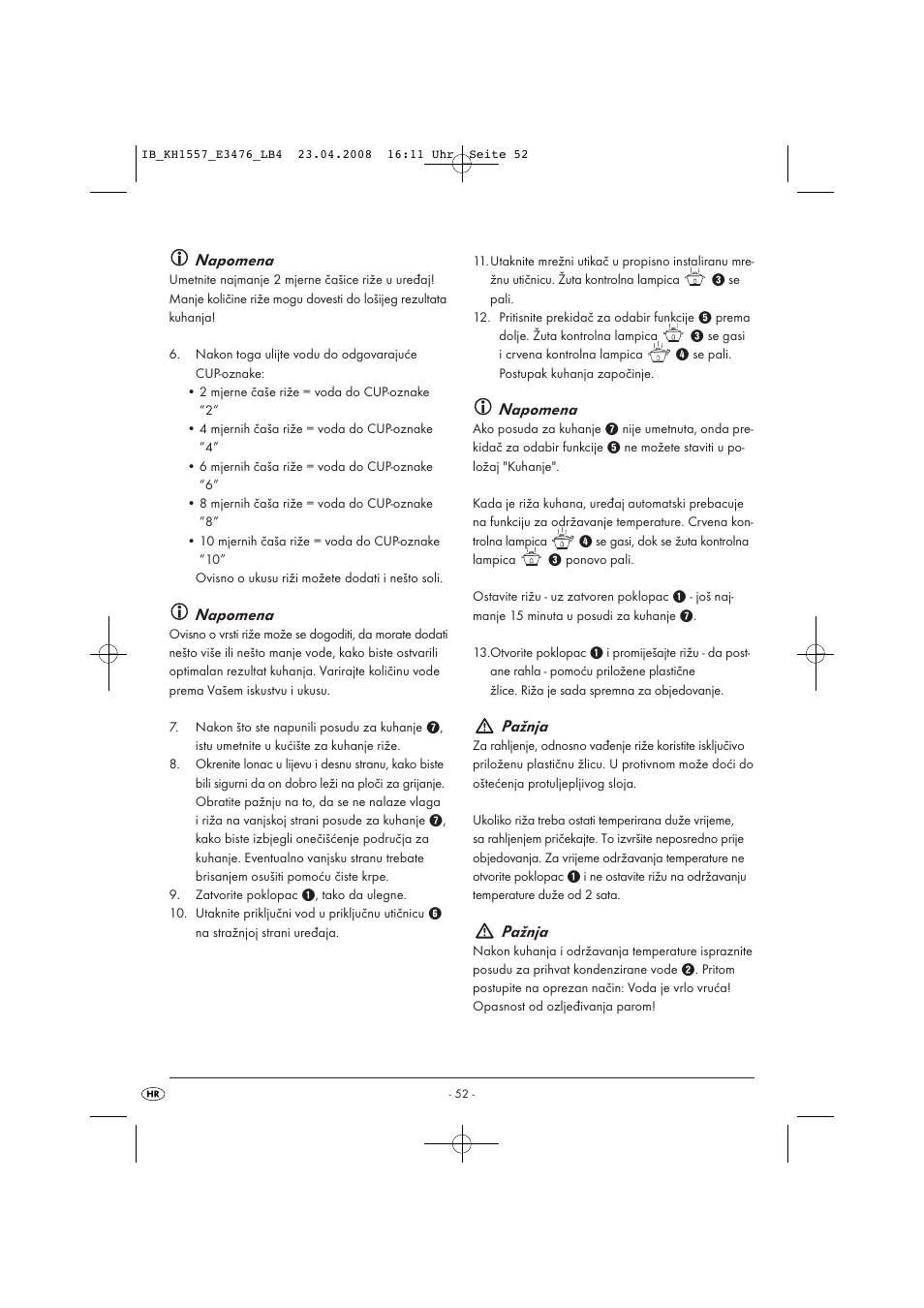 Napomena, Pažnja | Kompernass KH 1557 User Manual | Page 54 / 65