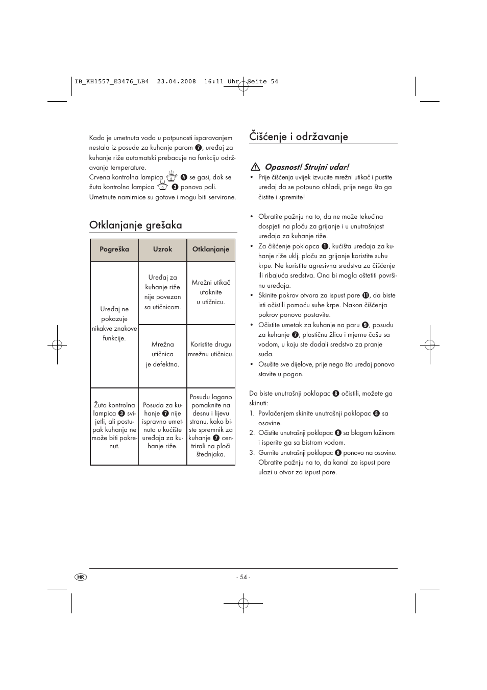 Otklanjanje grešaka, Čišćenje i održavanje, Opasnost! strujni udar | Kompernass KH 1557 User Manual | Page 56 / 65