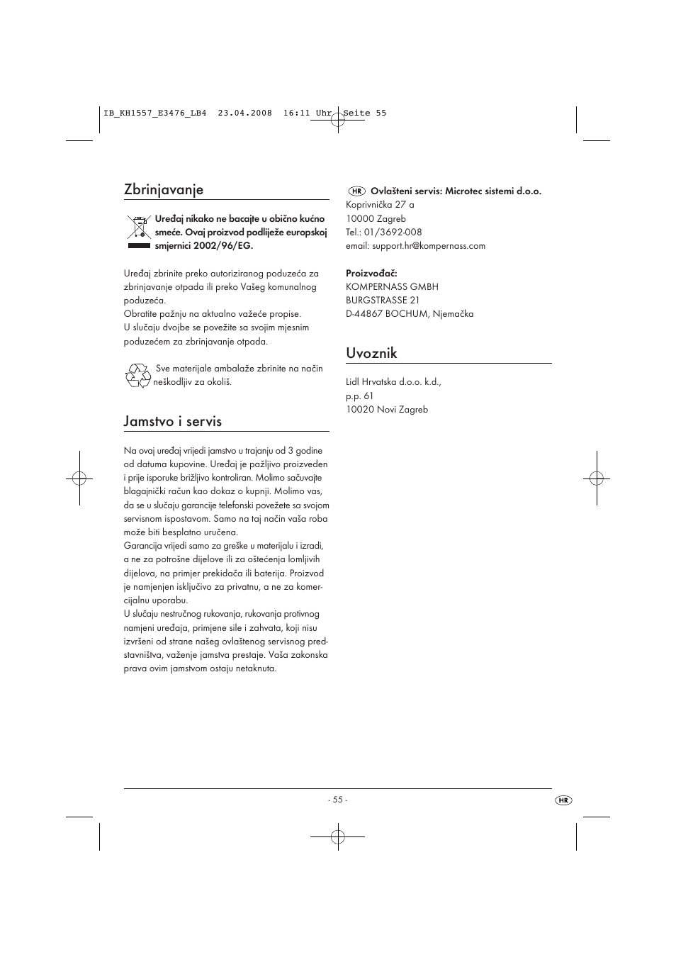 Zbrinjavanje, Jamstvo i servis, Uvoznik | Kompernass KH 1557 User Manual | Page 57 / 65