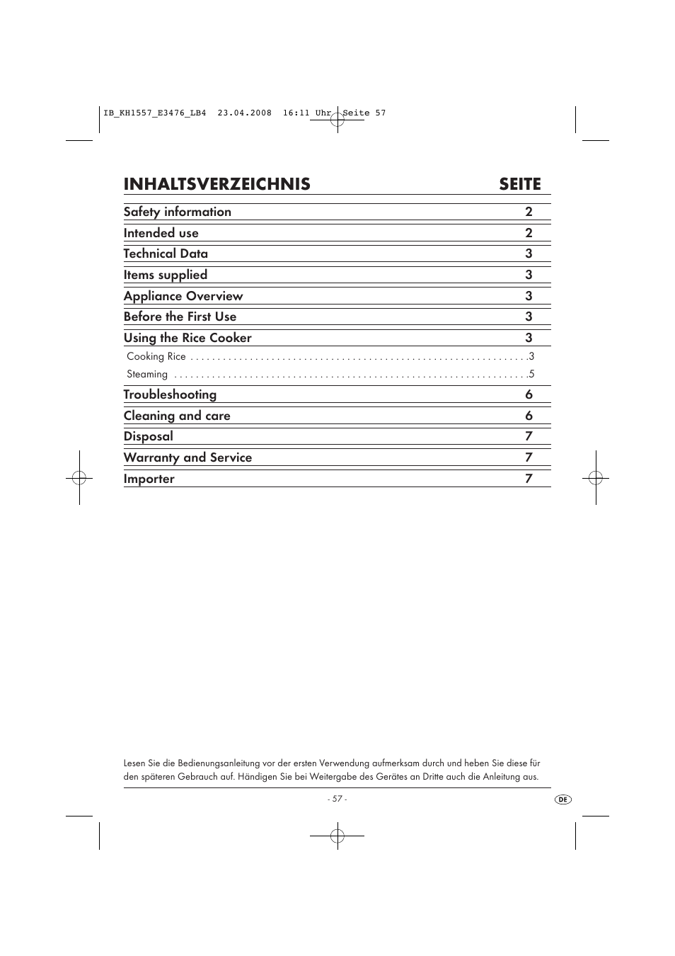 Inhaltsverzeichnis seite | Kompernass KH 1557 User Manual | Page 59 / 65