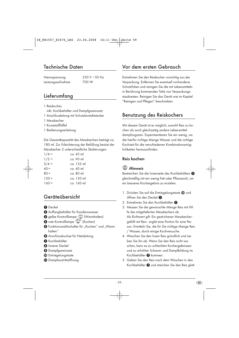 Technische daten, Lieferumfang, Geräteübersicht | Vor dem ersten gebrauch, Benutzung des reiskochers | Kompernass KH 1557 User Manual | Page 61 / 65